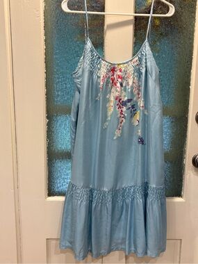 Garnet Hill Silk Size 8 Light Blue Floral Nightgown - Adjustable Spaghetti Strap